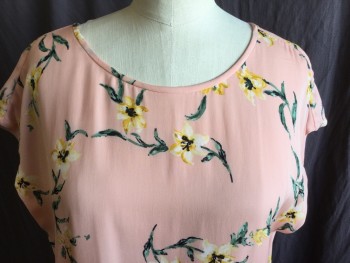 JOIE, Peach Orange, Gray, Black, Yellow, Cream, Polyester, Floral, Round Neck,  Cap Sleeves, Loose Fit, Bias Cut 3 Tiers Hem, Key Hole Back with 1 Cover Button, Sheer Peach Lining
