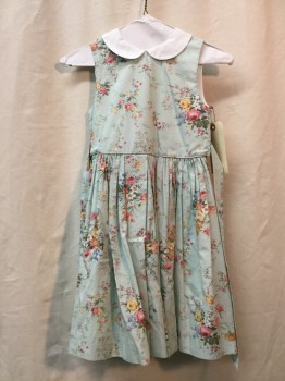 RALPH LAUREN, Lt Green, Yellow, Pink, Green, White, Cotton, Floral, Lt Green with Yellow/ Pink/ Green/ Blue Floral Print, White Rounded Collar Attached, Gathered Waist with Self Tie Belt