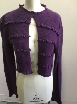 Womens, Sweater, GENNERA, Dk Purple, Cotton, Solid, XS, Crew Neck W/ruffle, Snap Neck, Long Sleeve, Ruffled Stripes, Cropped
