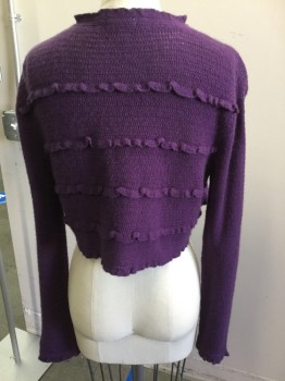 GENNERA, Dk Purple, Cotton, Solid, Crew Neck W/ruffle, Snap Neck, Long Sleeve, Ruffled Stripes, Cropped