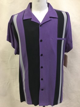 NAT NAST, Purple, Black, Ecru, Silk, Stripes - Vertical , Purple with Black/ecru Vertical Panel Stripes, Collar Attached, Button Front, 1 Fake Pocket, Short Sleeves, Doubles,