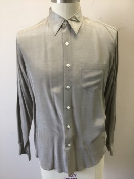 Mens, Club Shirt, PERRY ELLIS, Gray, Rayon, Solid, Sharkskin Weave, N17, L, S36, Slightly Metallic Sheen, Long Sleeve Button Front, Collar Attached, 1 Patch Pocket, **Has a Double