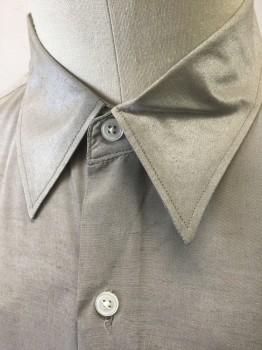 Mens, Club Shirt, PERRY ELLIS, Gray, Rayon, Solid, Sharkskin Weave, N17, L, S36, Slightly Metallic Sheen, Long Sleeve Button Front, Collar Attached, 1 Patch Pocket, **Has a Double