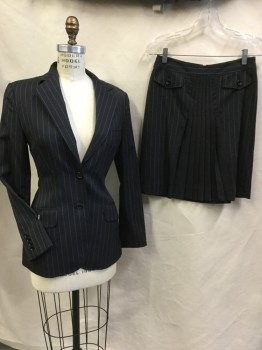 DOLCE & GABBANA, Charcoal Gray, Baby Blue, Wool, Stripes - Vertical , Jacket, Very Dark Charcoal with Baby Blue Vertical Stripes, Black Lining, Notched Lapel, Single Breasted, 3 Pockets, Long Sleeves, with Matching Skirt