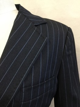 Womens, Suit, Jacket, DOLCE & GABBANA, Charcoal Gray, Baby Blue, Wool, Stripes - Vertical , W 28, B 36, H 36, Jacket, Very Dark Charcoal with Baby Blue Vertical Stripes, Black Lining, Notched Lapel, Single Breasted, 3 Pockets, Long Sleeves, with Matching Skirt