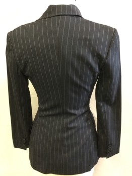 DOLCE & GABBANA, Charcoal Gray, Baby Blue, Wool, Stripes - Vertical , Jacket, Very Dark Charcoal with Baby Blue Vertical Stripes, Black Lining, Notched Lapel, Single Breasted, 3 Pockets, Long Sleeves, with Matching Skirt