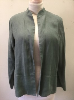 Womens, Casual Jacket, ADLISS, Sage Green, Linen, Solid, M, Grayish Sage, Long Sleeves, Open at Center Front with No Closures, Band Collar,  2 Welt Pockets, No Lining