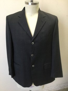 CARLO SCOTTI, Charcoal Gray, Brown, Wool, Grid , Charcoal Microcheck with Brown Thin Grid Lines, Single Breasted, Notched Lapel, 3 Buttons, 3 Pockets, Solid Black Lining