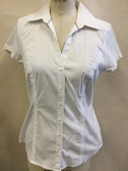Womens, Blouse, EXPRESS, White, Cotton, Solid, M, (multiple:  2 S, 1M) White, Collar Attached V-neck, Button Front, 2 Wedge Seams Detail Front, Cap Sleeves