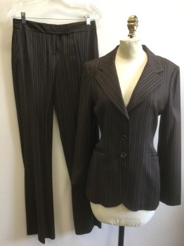 Womens, Suit, Jacket, HOLT RENFREW, Dk Brown, Rust Orange, Cream, Wool, Viscose, Stripes - Pin, 8, Dark Brown with Rust and Cream Pinstripes, Single Breasted, Notched Lapel, 3 Buttons, Lightly Padded Shoulders, 2 Welt Pockets, Solid Dark Brown Lining