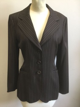 HOLT RENFREW, Dk Brown, Rust Orange, Cream, Wool, Viscose, Stripes - Pin, Dark Brown with Rust and Cream Pinstripes, Single Breasted, Notched Lapel, 3 Buttons, Lightly Padded Shoulders, 2 Welt Pockets, Solid Dark Brown Lining