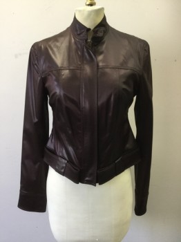 Womens, Casual Jacket, CHARLES NOLAN, Red Burgundy, Acetate, Polyester, Solid, 6, Satin, Zip Front, Band Collar, Hidden Placket, Long Sleeves, Folded Back Belted Waist