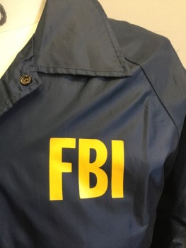Unisex, Jacket, Windbreaker, FIRST CLASS, Navy Blue, Nylon, Solid, S, (MULTIPLE)  Collar Attached, Solid White Lining, Snap Front, 2 Slant Pockets, Raglan Long Sleeves with Elastic Hem,  with Yellow 'FBI" Front & Back
