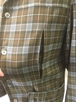 Mens, Jacket, N/L, Tan Brown, Olive Green, Lt Gray, Cream, Wool, Plaid-  Windowpane, 40R, 5 Pearl Buttons, Single Breasted, 2 Hip Pockets, Box Pleat at Chest, No Vents, Half Lining,