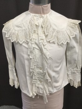 Childrens, Shirt 1890s-1910s, MTO, Off White, Cotton, Solid, W:24, C:28, Girls Blouse, Long Sleeves, Button Front, Eyelet Ruffled Placket and Collar Trim, Sailor Collar, Drawstring Waist, Made To Order