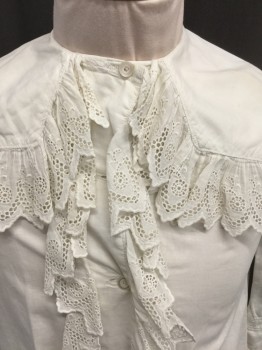 Childrens, Shirt 1890s-1910s, MTO, Off White, Cotton, Solid, W:24, C:28, Girls Blouse, Long Sleeves, Button Front, Eyelet Ruffled Placket and Collar Trim, Sailor Collar, Drawstring Waist, Made To Order