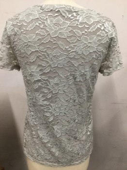 Womens, Top, BANANA REPUBLIC, Beige, Silver, Cream, Nylon, Spandex, Floral, M, Stretch Lace W/lining, Scoop Neck, Short Sleeves,