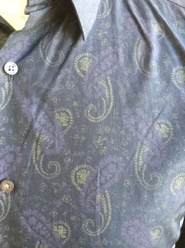 VINCE, Navy Blue, Blue, Olive Green, Cotton, Paisley/Swirls, Button Front, Collar Attached, Long Sleeves, Double (see: FC048295)
