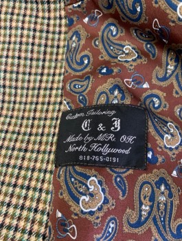 C&J CUSTOM TAILORING, Cream, Olive Green, Navy Blue, Lt Pink, Lt Blue, Wool, Check , Single Breasted, Notched Lapel, 2 Buttons, 4 Pockets, Lining is Brown Paisley, Made To Order