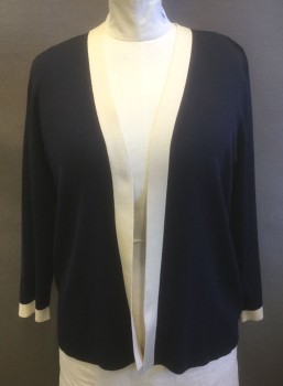 ELISABETH , Navy Blue, Cream, Silk, Nylon, Solid, Dark Navy with Cream 1" Wide Edge at Center Front and Cuffs, Lightweight Knit, Long Sleeves, Open at Center Front with No Closures