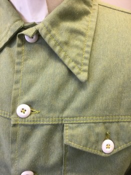 Mens, Jean Jacket, FARAH, Avocado Green, Cotton, Solid, 40, Avocado Denim/Twill, 5 White Buttons at Center Front, 2 Button Flap Pockets, Exaggerated Collar, Slightly Cropped Length,