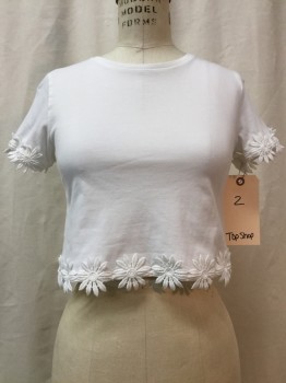 Womens, Top, TOPSHOP, White, Polyester, Solid, 2, White, Crew Neck, Short Sleeves, Floral Appliqué Trim