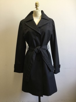 Womens, Coat, Trenchcoat, ELLEN TRACY, Black, Polyester, Solid, S, Single Breasted, Collar Attached, Yoke Front and Back, 2 Pockets, Button Tab Cuff, Self Belt, Belt Loops