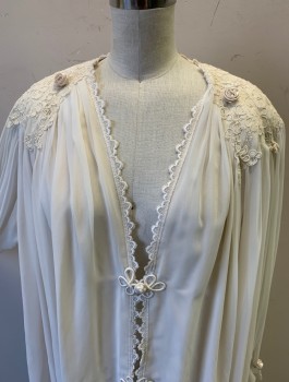 Womens, 1980s Vintage, Piece 2, N/L, Off White, Polyester, Solid, OSFM, Peignoir Set, Over Robe, Chiffon, Long Sleeves, Lace Covering Shoulders, Shoulder Pads, Open Center Front with Frog Closures, Floor Length,