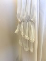 N/L, Off White, Polyester, Solid, Peignoir Set, Over Robe, Chiffon, Long Sleeves, Lace Covering Shoulders, Shoulder Pads, Open Center Front with Frog Closures, Floor Length,