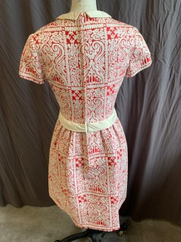 AMELIA GRAY, Cream, Red, Cotton, Polyester, Novelty Pattern, Geometric, Solid Scallop Collar Attached and 1.5" Waistband, Short Sleeves, Gathered Short Skirt, Zip Back, Solid Cream Lining