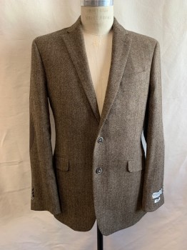 Mens, Sportcoat/Blazer, JOS. A. BANKS, Lt Brown, Brown, Dk Brown, Wool, Herringbone, 38R, Single Breasted, 2 Buttons, Notched Lapel, 3 Pockets, Elbow Patches, Double Vent