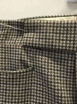 "COMPLETELY", Multi-color, Off White, Brown, Yellow, Orange, Polyester, Houndstooth, Speckled, Brown/Off White Houndstooth, with Orange and Yellow Specks, Flat Front, Tab Waist, Zip Fly, 4 Pockets, Boot Cut,