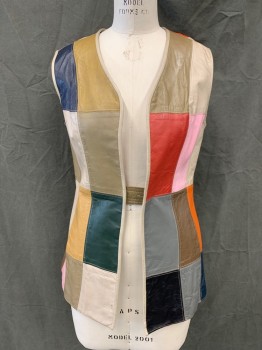 Womens, Vest, N/L, Brown, Gray, Red, Ochre Brown-Yellow, Navy Blue, Leather, Patchwork, S, V-neck, Open Front, Tab Button Interior Closure, 2 Pockets,