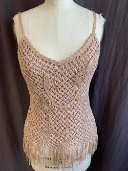 SUE WONG, Tan Brown, Polyester, Solid, Floral, Braided  Flat Yard with Scallop Crochet Work Trim, V-neck, 1/2" Adjustable Crochet Straps, Crochet Floral Work on Bodice Front, Fringe Hem with Lt Beige Lining