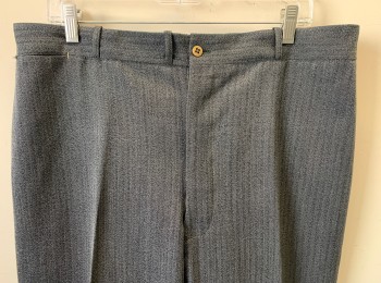 Mens, 1920s Vintage, Suit, Pants, N/L, Slate Gray, Lt Gray, Wool, Herringbone, Ins:30, W:36+, Flat Front, Button Fly, 5 Pockets Including 1 Watch Pocket, Tapered Leg, Cuffed Hems, Belt Loops, Suspender Buttons at Inside Waist, **Taken in Several Inches at Waist