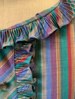 KORET OF CALIFORNIA, Blue, Teal Green, Magenta Pink, Gray, Cotton, Stripes - Vertical , Sleeveless, Self Ruffles at Round Neckline, Ruffled Faux Placket Front with 5 Decorative Buttons, Button Closures in Back,