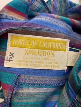 KORET OF CALIFORNIA, Blue, Teal Green, Magenta Pink, Gray, Cotton, Stripes - Vertical , Sleeveless, Self Ruffles at Round Neckline, Ruffled Faux Placket Front with 5 Decorative Buttons, Button Closures in Back,