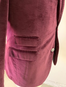 Mens, Sportcoat/Blazer, TALLIA, Red Burgundy, Cotton, Solid, 42, Triple Hidden Pocket, 2 Silver Button Front, Notched Lapel,  Velvet Texture