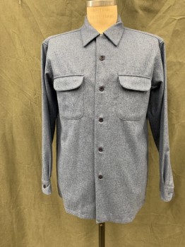 PENDELTON, Lt Blue, Wool, Heathered, Button Front, Collar Attached, Long Sleeves, Button Cuff, 2 Flap Patch Pockets