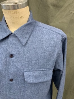 PENDELTON, Lt Blue, Wool, Heathered, Button Front, Collar Attached, Long Sleeves, Button Cuff, 2 Flap Patch Pockets