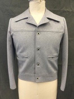 Mens, Jacket, POTPOURRI, Lt Gray, Polyester, Heathered, Herringbone, Ch 44, Single Breasted, 4 Marble Circle with Black Middle Buttons, Collar Attached, Notched Lapel, Front/Back Yoke, 2 Welt Pockets, Waistband