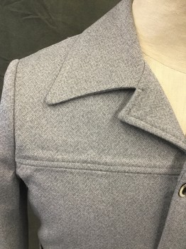 Mens, Jacket, POTPOURRI, Lt Gray, Polyester, Heathered, Herringbone, Ch 44, Single Breasted, 4 Marble Circle with Black Middle Buttons, Collar Attached, Notched Lapel, Front/Back Yoke, 2 Welt Pockets, Waistband