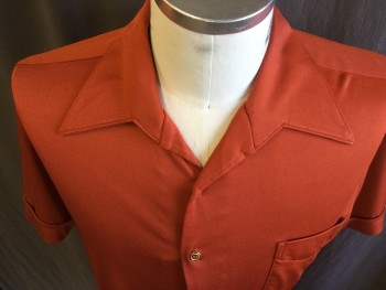 Mens, Shirt Disco, D'AVITA, Dk Orange, Polyester, Solid, L, Collar Attached, Button Front, 1 Pocket, Short Sleeves,