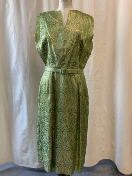 Womens, 1960s Vintage, Dress, NO LABEL, Green, Gold, Synthetic, Paisley/Swirls, W 30, B 42, H 42, Brocade, V-neck, Sleeveless, Pleated Skirt, Side Zipper, Comes with Belt, Dress and Jacket