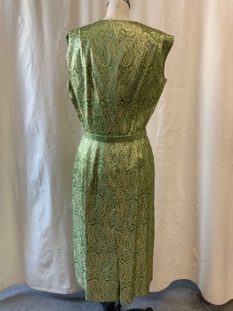 Womens, 1960s Vintage, Dress, NO LABEL, Green, Gold, Synthetic, Paisley/Swirls, W 30, B 42, H 42, Brocade, V-neck, Sleeveless, Pleated Skirt, Side Zipper, Comes with Belt, Dress and Jacket