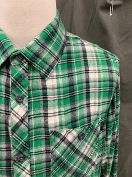 O'NEILL, Kelly Green, White, Black, Cotton, Plaid, Flannel, Button Front, Collar Attached, Long Sleeves, 2 Pockets, Long Sleeves, Button Cuff