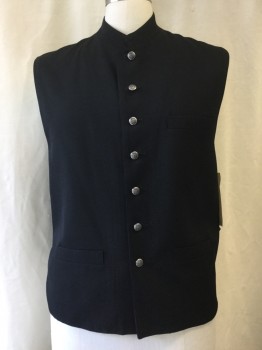 Mens, Vest, MARC BAXIS, Black, Wool, Solid, L, Stand Collar, Silver Button Front, 3 Pockets,