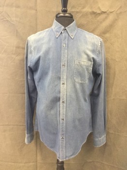 VINCE, Denim Blue, Cotton, Solid, Button Front, Collar Attached, Button Down Collar, Long Sleeves, Button Cuff, 1 Pocket