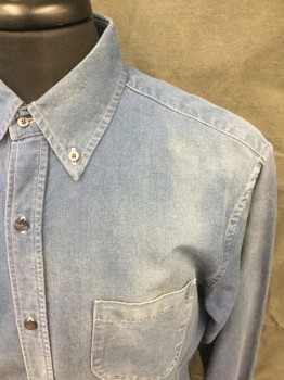 VINCE, Denim Blue, Cotton, Solid, Button Front, Collar Attached, Button Down Collar, Long Sleeves, Button Cuff, 1 Pocket