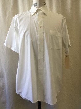 STAFFORD, White, Poly/Cotton, Solid, Button Front, Collar Attached, Short Sleeves,